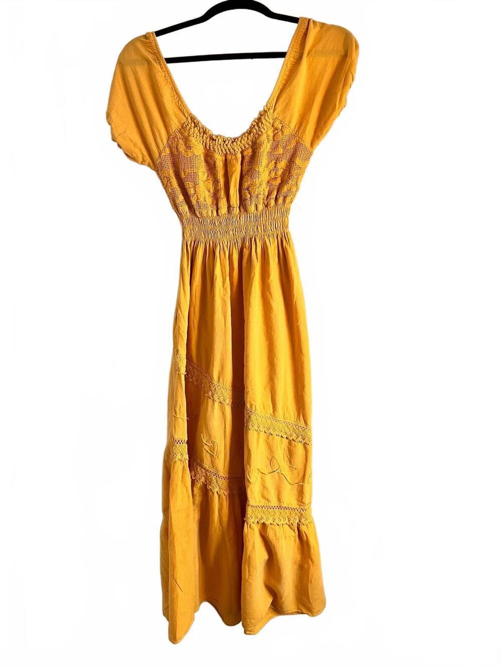 Yellow Maxi Dress with Embroidered Floral Details and Smocked Waist